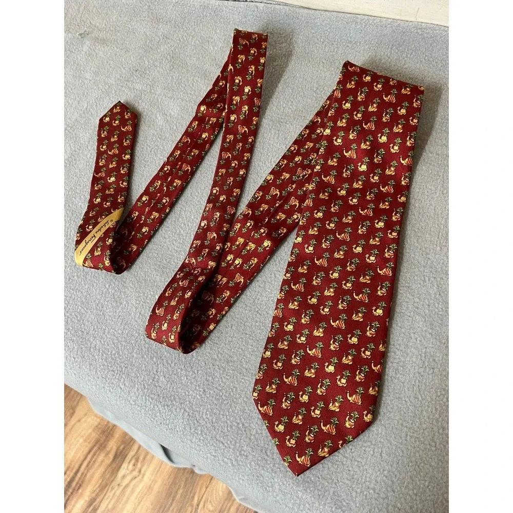 Salvatore Ferragamo Mens Silk Tie Red Camel Palm Tree Animal Print Made in Italy
